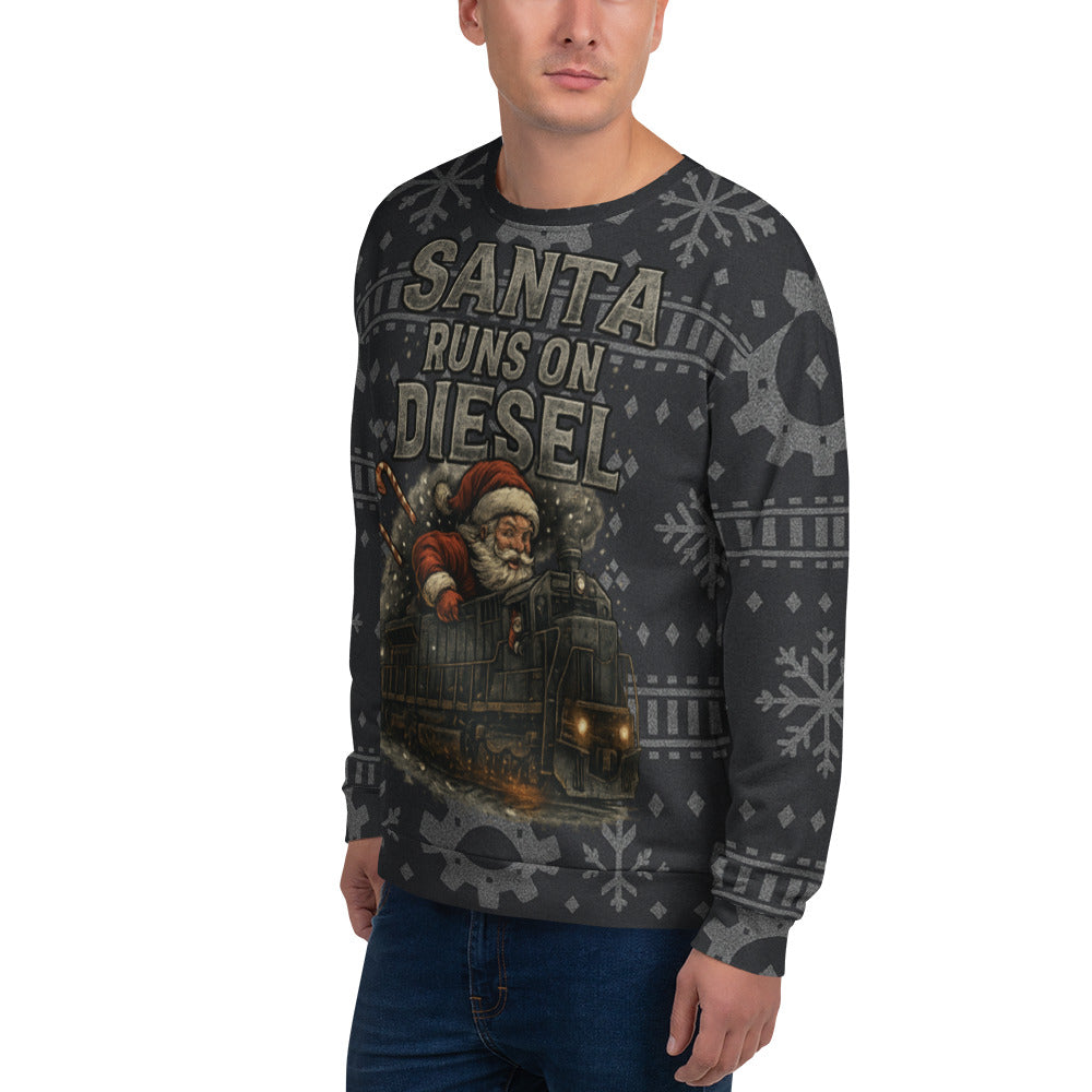 Person wearing a sweater with Santa Claus and 'Santa Runs on Diesel' text on a white background