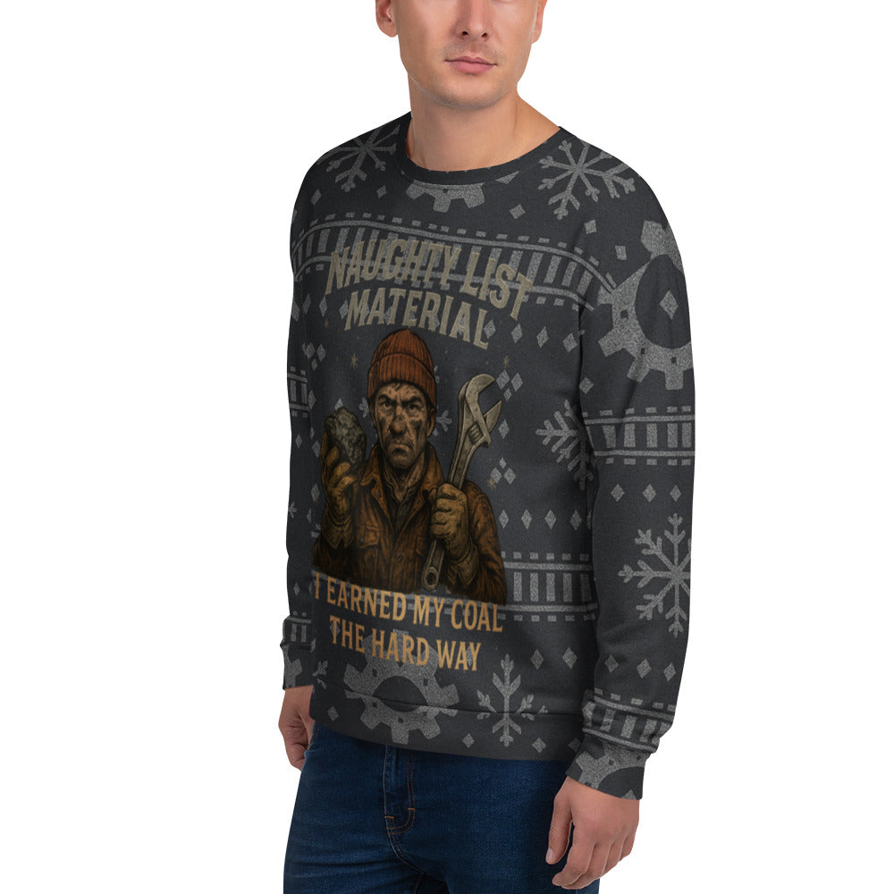 Person wearing a sweater with a graphic design and text on a white background