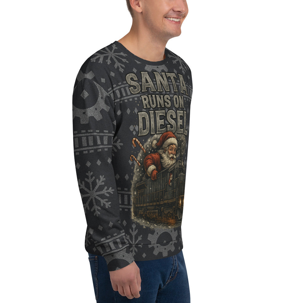 Person wearing a sweater with a Christmas-themed design featuring Santa Claus and text.