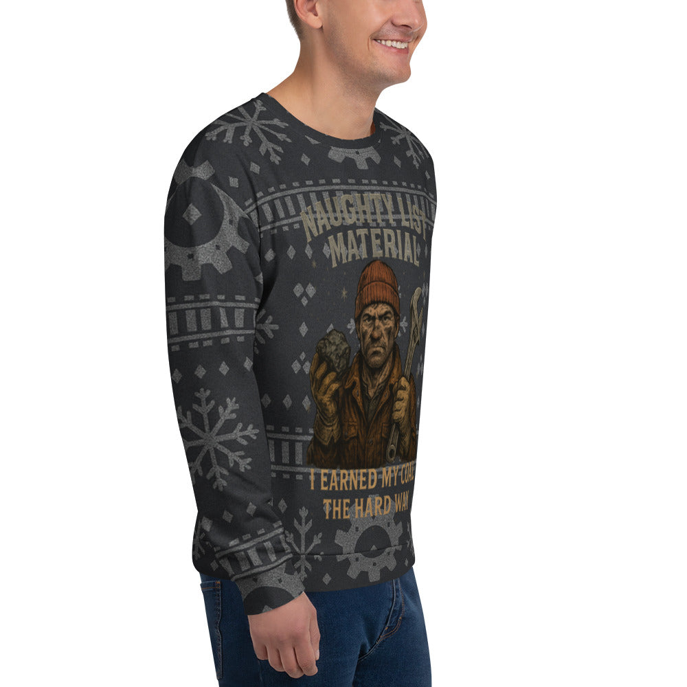 Person wearing a dark sweater with graphic design and text on a white background