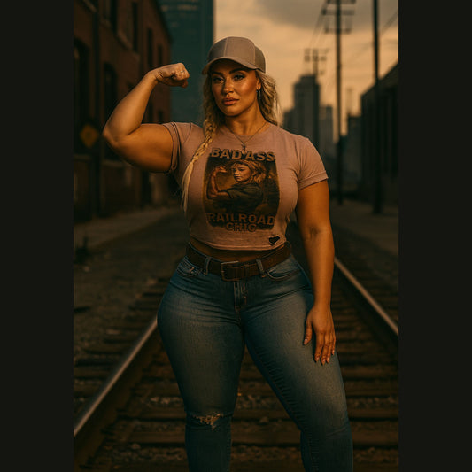 Woman flexing her arm on train tracks wearing a graphic t-shirt and jeans.