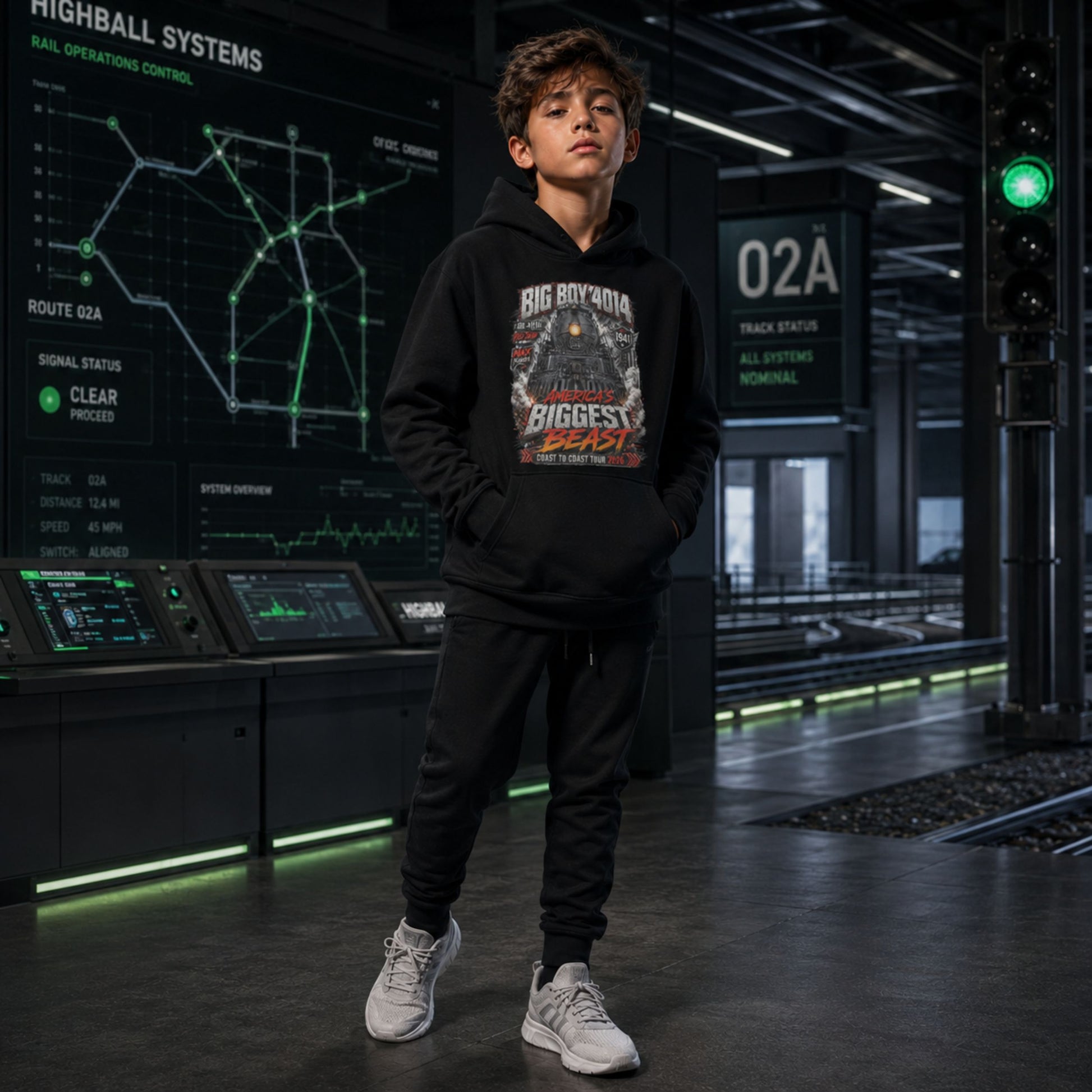 A young boy wearing A black pullover hoodie displayed on a plain white background, featuring a large chest graphic of a steam locomotive head-on with text that reads BIG BOY 4014, 1941, AMERICA'S BIGGEST BEAST, and COAST TO COAST TOUR 2026, black sweatpants, and white sneakers stands in a futuristic highball control room with screens and digital displays in the background.