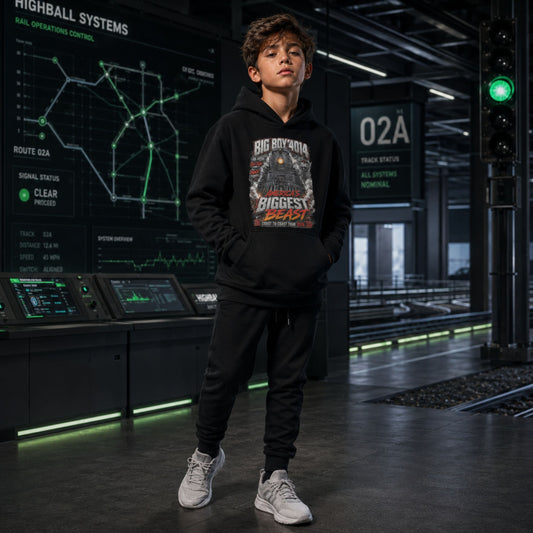 A young boy wearing A black pullover hoodie displayed on a plain white background, featuring a large chest graphic of a steam locomotive head-on with text that reads BIG BOY 4014, 1941, AMERICA'S BIGGEST BEAST, and COAST TO COAST TOUR 2026, black sweatpants, and white sneakers stands in a futuristic highball control room with screens and digital displays in the background.