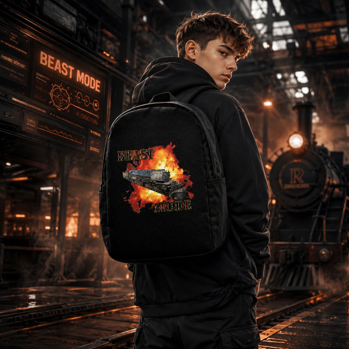 A person in a black hoodie stands in a dark industrial train station setting, wearing a black backpack with a large graphic print featuring a tank vehicle surrounded by flames and the words 'BEAST MODE' and 'EAGLE EYE'.