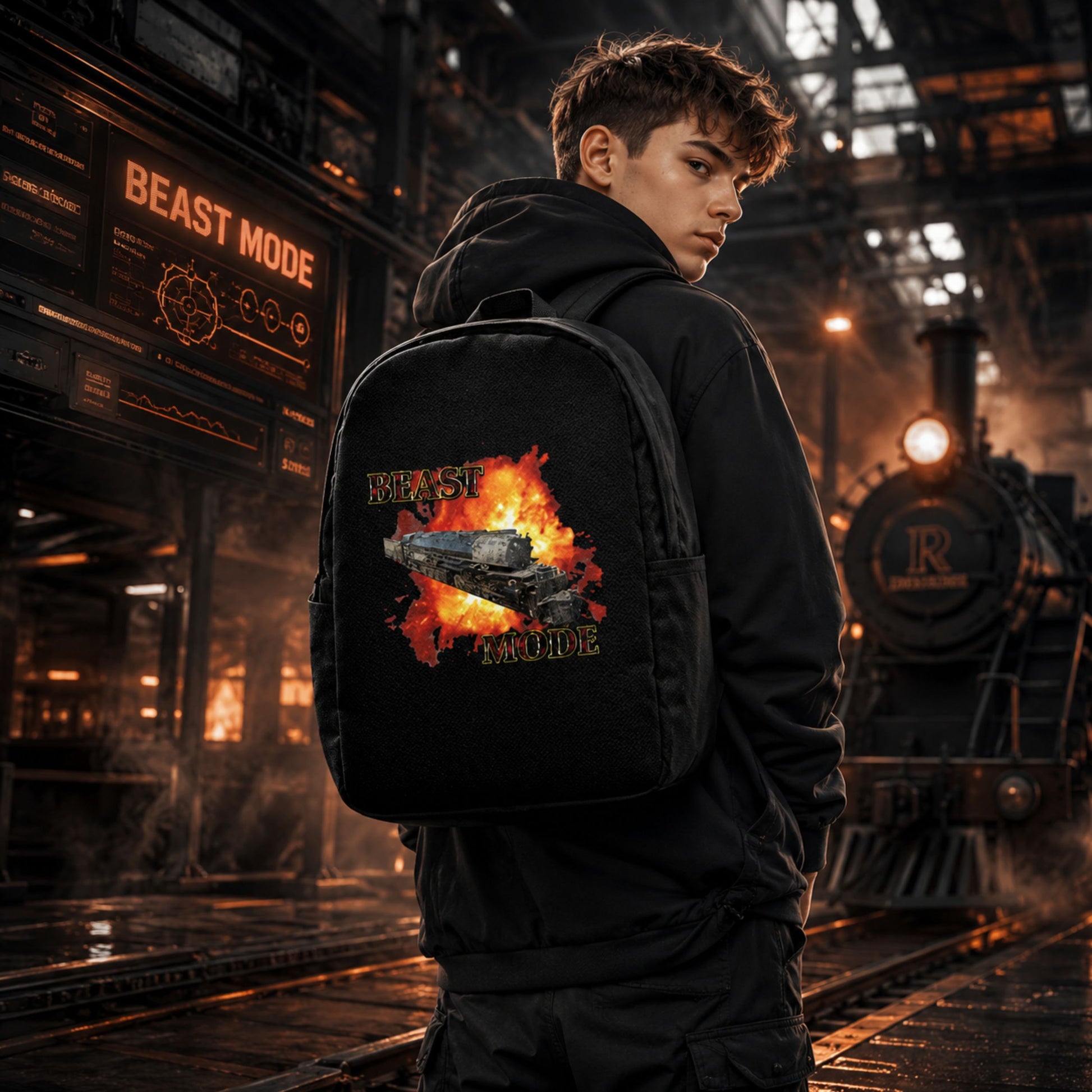 A person in a black hoodie stands in a dark industrial train station setting, wearing a black backpack with a large graphic print featuring a tank vehicle surrounded by flames and the words 'BEAST MODE' and 'EAGLE EYE'.