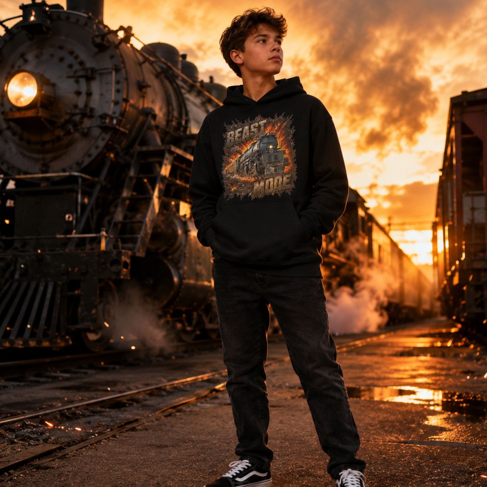 A young man wearing a black graphic hoodie with a 'Beast Mode' train design, standing on train tracks with a steam locomotive and a sunset in the background.