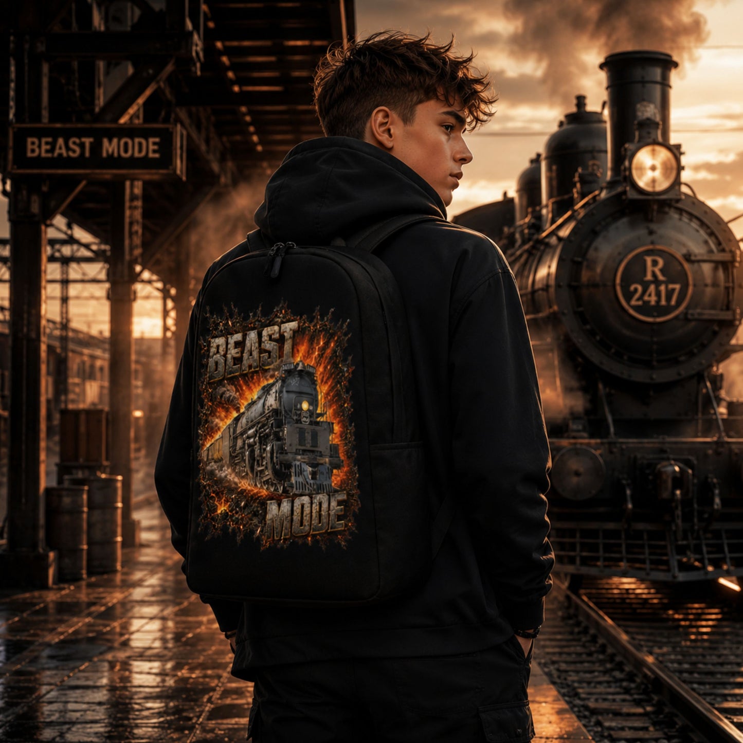 A person wearing a black hoodie stands on a train platform, seen from behind, with a large graphic backpack featuring a steam train and the words 'BEAST MODE' and 'MODE' visible. A vintage steam locomotive and a sign reading 'BEAST MODE' are in the background at sunset.