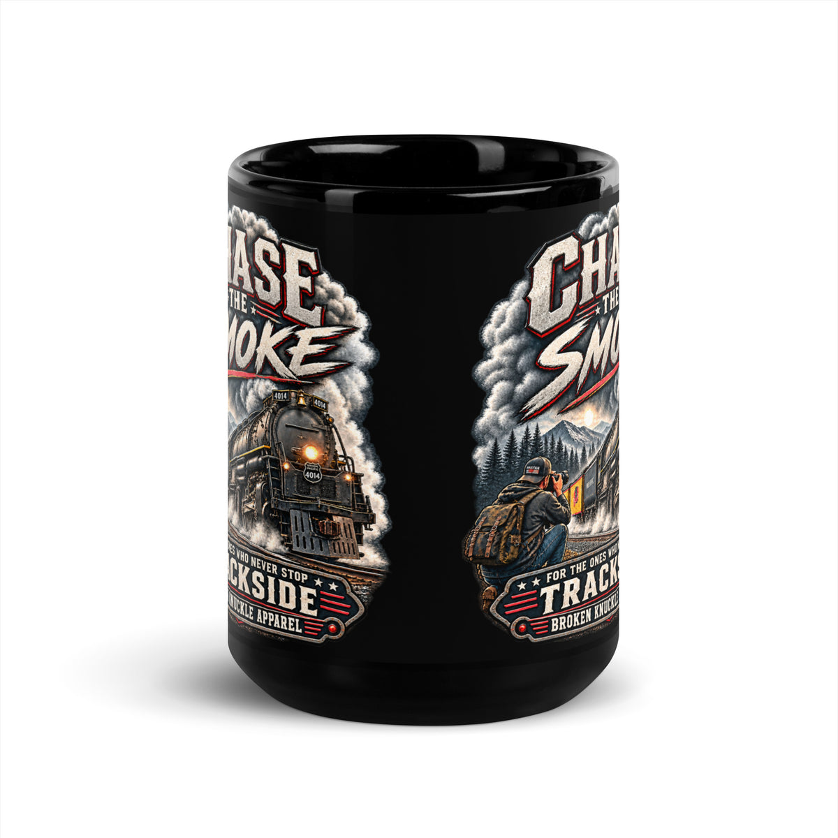 Black glossy 15 oz ceramic mug featuring a graphic of a photographer with a backpack kneeling trackside, taking a picture of a large steam locomotive. Bold distressed text reads "CHASE THE SMOKE" at the top and "FOR THE ONES WHO NEVER STOP TRACKSIDE" in a vintage banner at the bottom.