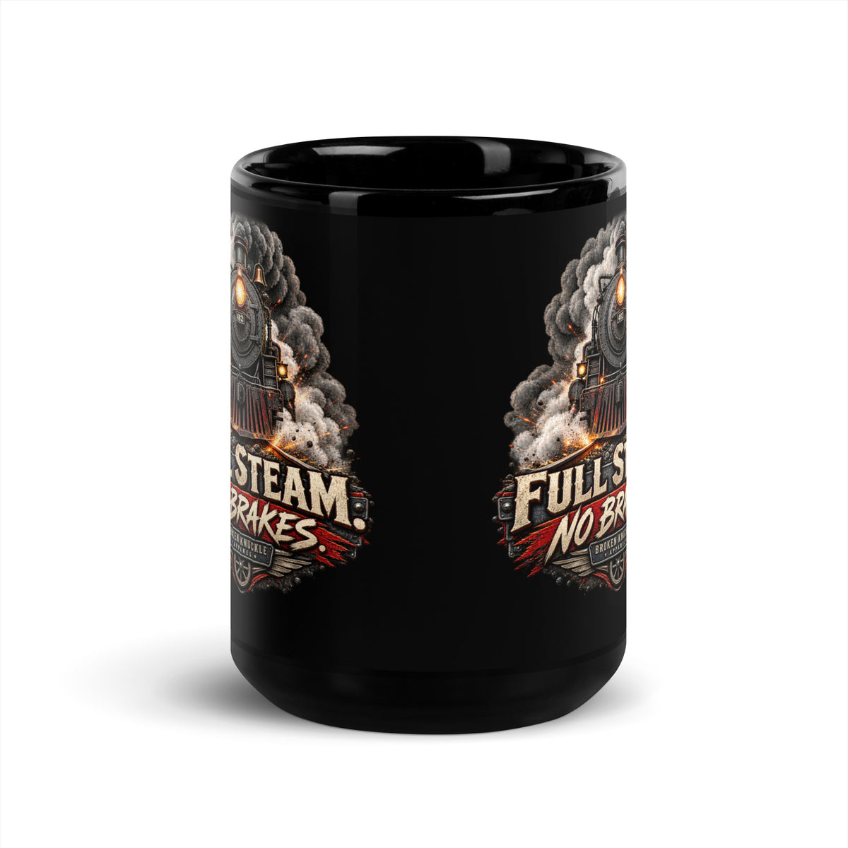 Black glossy 15 oz ceramic mug featuring an explosive graphic of a front-facing steam locomotive bursting through smoke and fiery sparks. Bold, distressed vintage text reads "FULL STEAM. NO BRAKES." above a winged train wheel badge that reads "BROKEN KNUCKLE APPAREL".