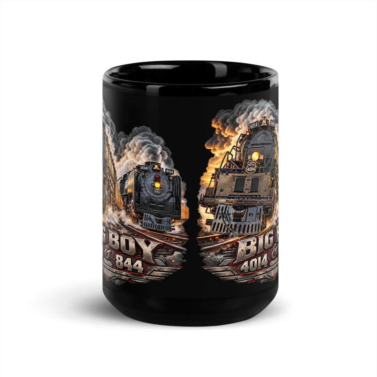 Black glossy 15 oz ceramic mug featuring a highly detailed graphic of the Big Boy 4014 and 844 steam locomotives charging down the tracks side-by-side surrounded by thick smoke and steam. Bold, metallic-style text at the bottom reads "BIG BOY 4014 & 844" on a distressed vintage badge.   