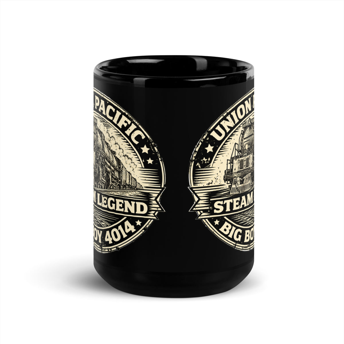 Front view of Steam Legend black glossy 15 oz coffee mug featuring vintage steam locomotive-inspired artwork
