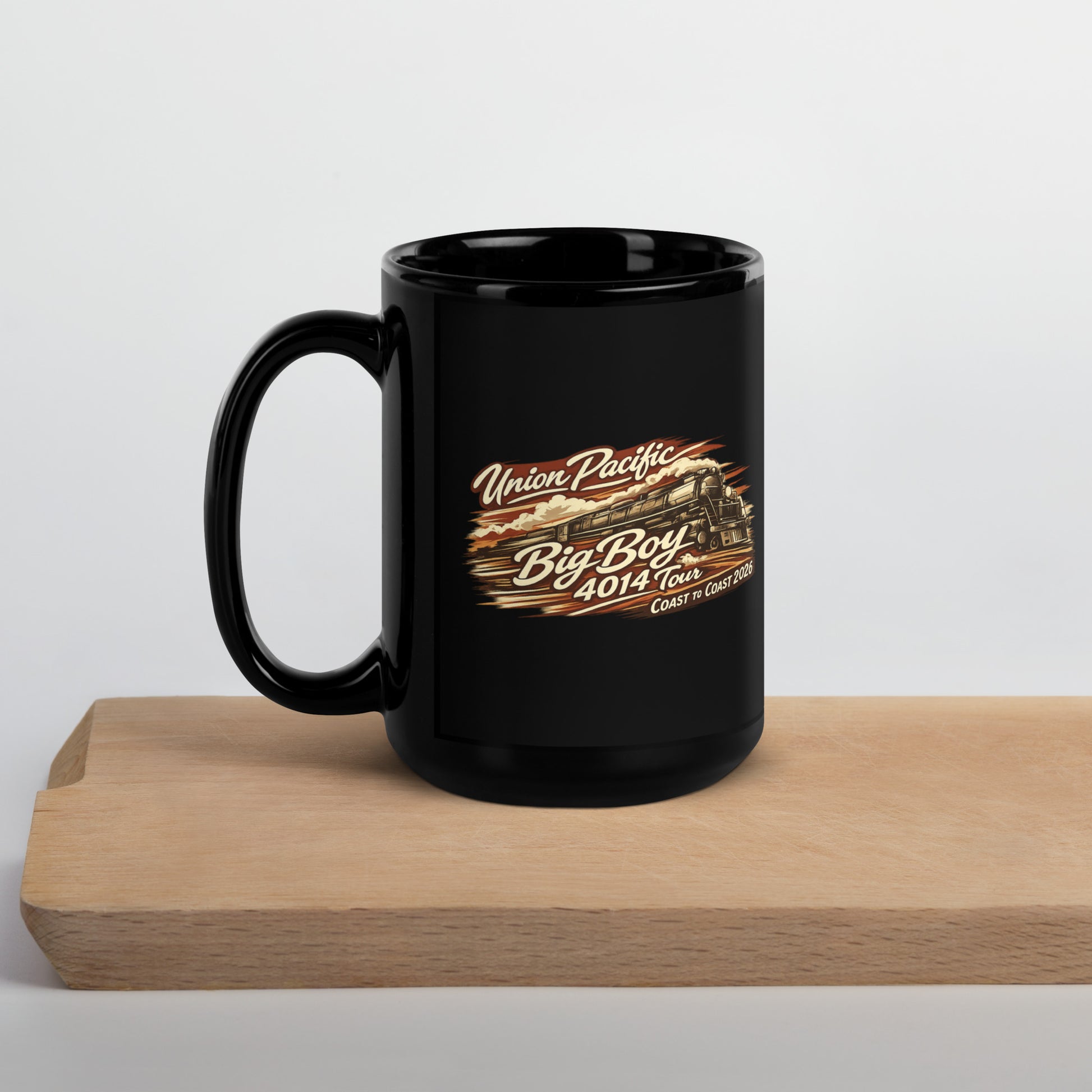 Black mug with Union Pacific Big Boy 4014 Train design on a wooden block.
