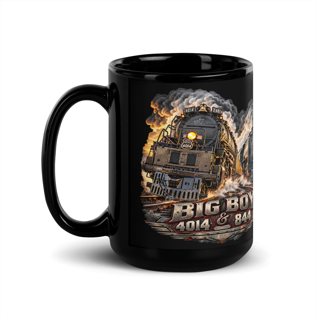 Black glossy 15 oz ceramic mug featuring a highly detailed graphic of the Big Boy 4014 and 844 steam locomotives charging down the tracks side-by-side surrounded by thick smoke and steam. Bold, metallic-style text at the bottom reads "BIG BOY 4014 & 844" on a distressed vintage badge.   