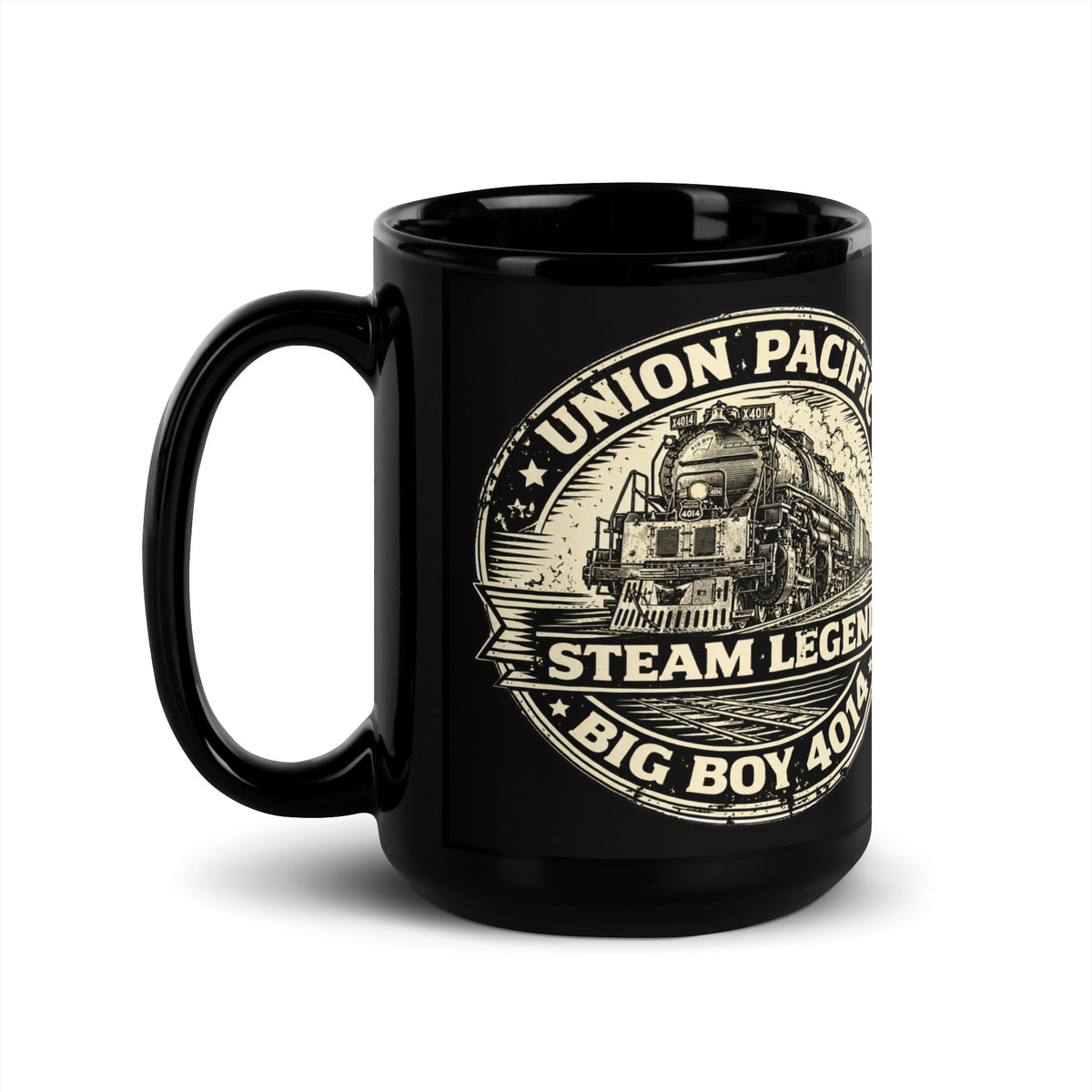 Steam Legend 15 oz black glossy ceramic mug with handle on left, showing railroad-inspired design