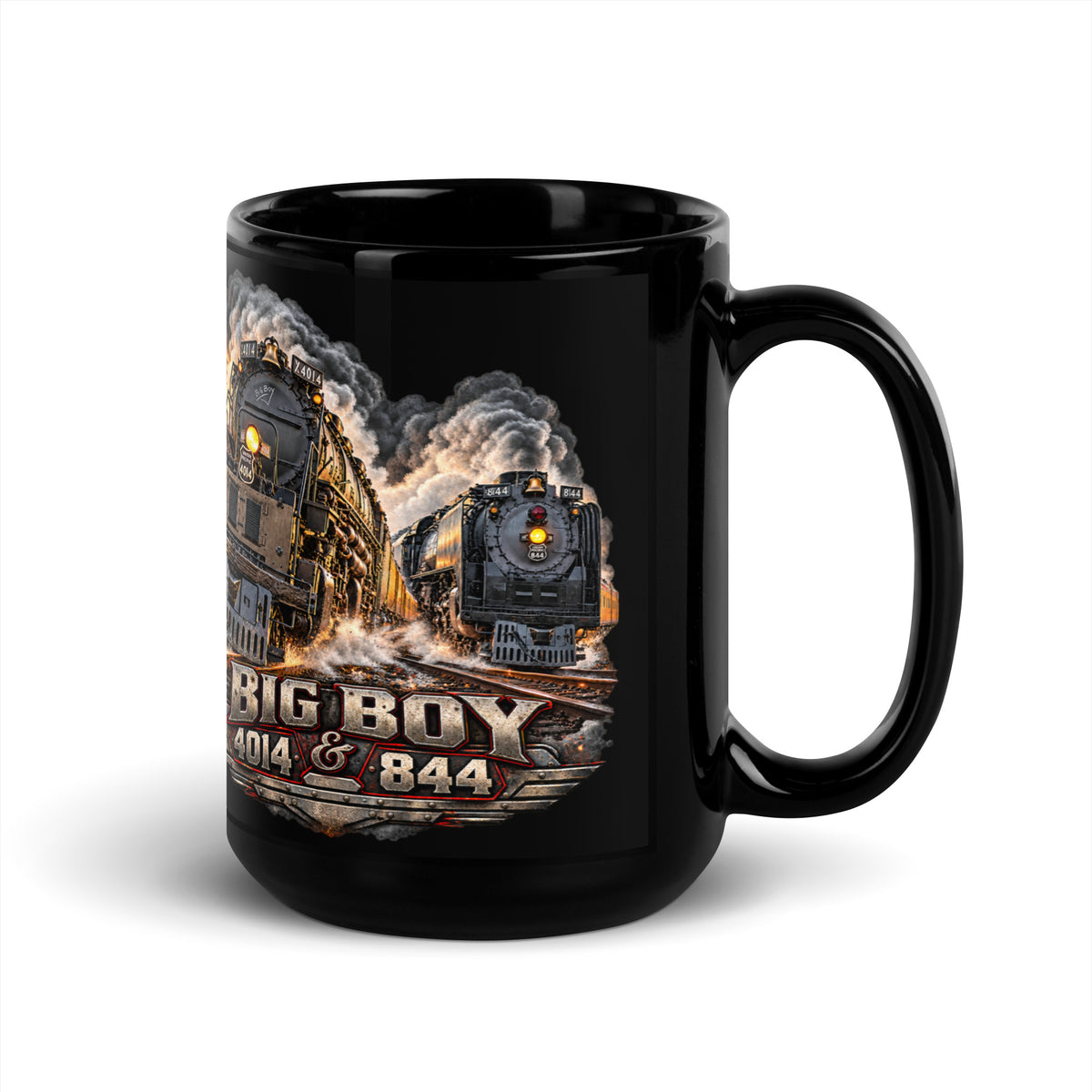 Black glossy 15 oz ceramic mug featuring a highly detailed graphic of the Big Boy 4014 and 844 steam locomotives charging down the tracks side-by-side surrounded by thick smoke and steam. Bold, metallic-style text at the bottom reads "BIG BOY 4014 & 844" on a distressed vintage badge.   