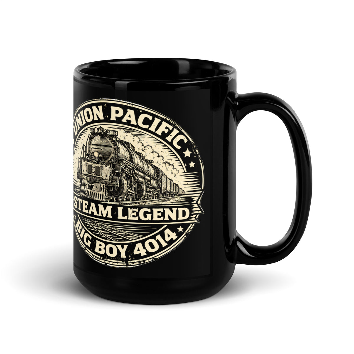 Steam Legend 15 oz black glossy ceramic railroad coffee mug with handle on right, featuring steam locomotive-inspired artwork