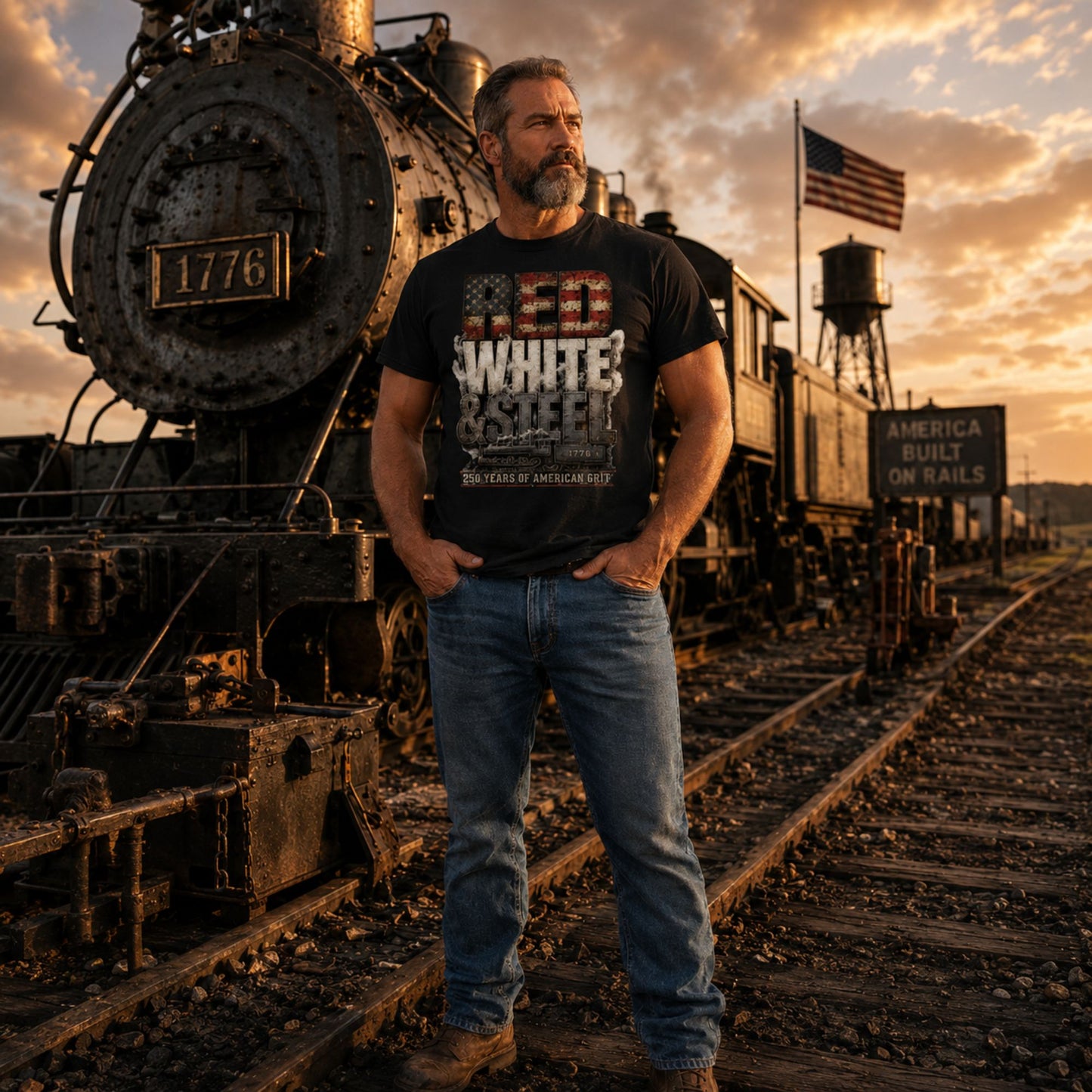 Man standing in front of a steam locomotive with a sunset sky wearing a Black t-shirt featuring large, stacked typography. The word "RED" has a distressed American flag pattern, "WHITE" is surrounded by smoke, and "& STEEL" is made of riveted metal. Below the text is a side-profile illustration of a steam locomotive with the number 1776 on the tender, sitting above a red banner that reads "250 YEARS OF AMERICAN GRIT".