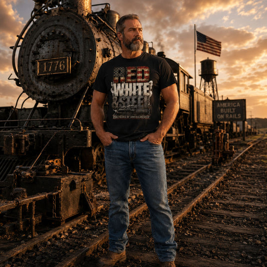 Man standing in front of a steam locomotive with a sunset sky wearing a Black t-shirt featuring large, stacked typography. The word "RED" has a distressed American flag pattern, "WHITE" is surrounded by smoke, and "& STEEL" is made of riveted metal. Below the text is a side-profile illustration of a steam locomotive with the number 1776 on the tender, sitting above a red banner that reads "250 YEARS OF AMERICAN GRIT".