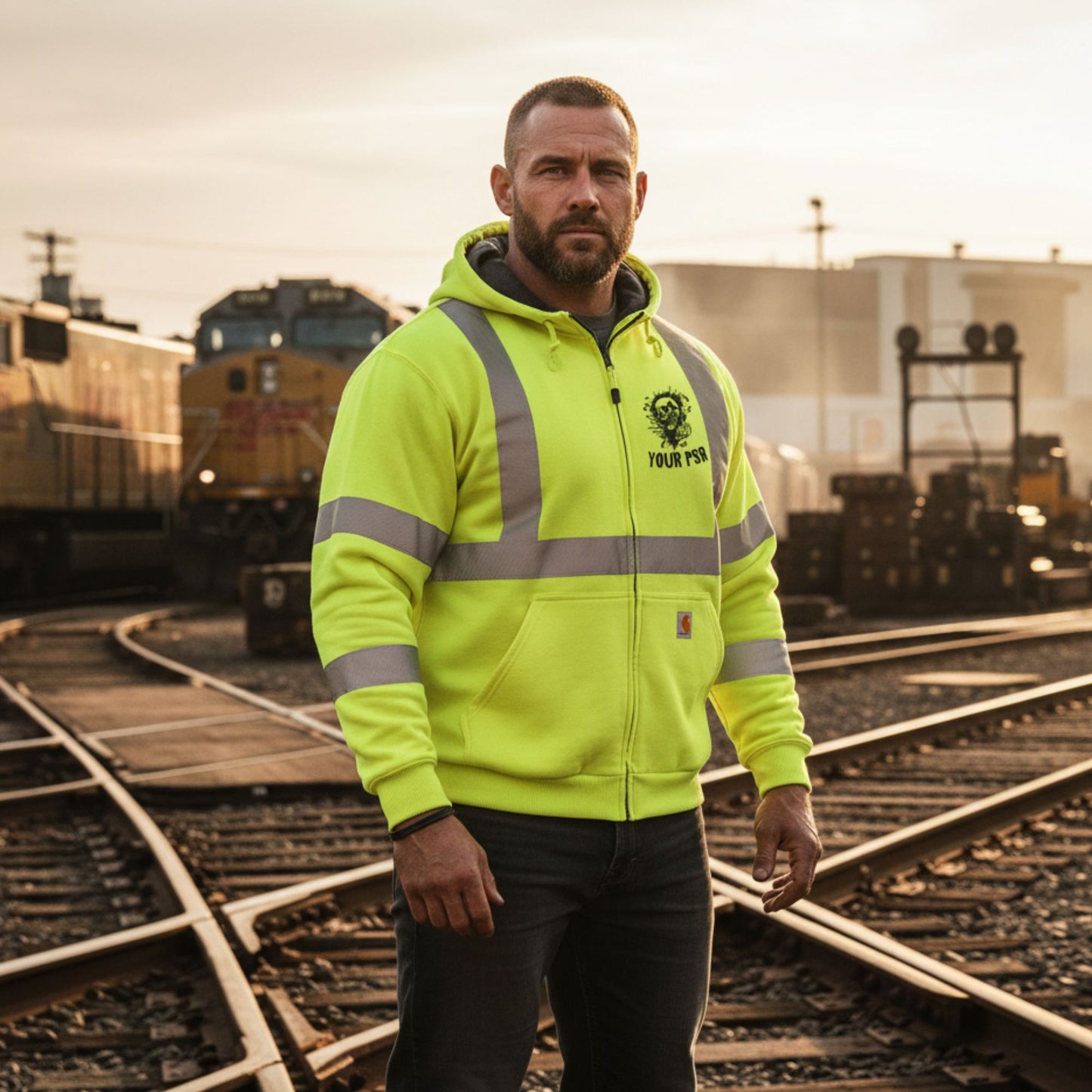 Man wearing a high-visibility jacket standing on train tracks with a train in the background