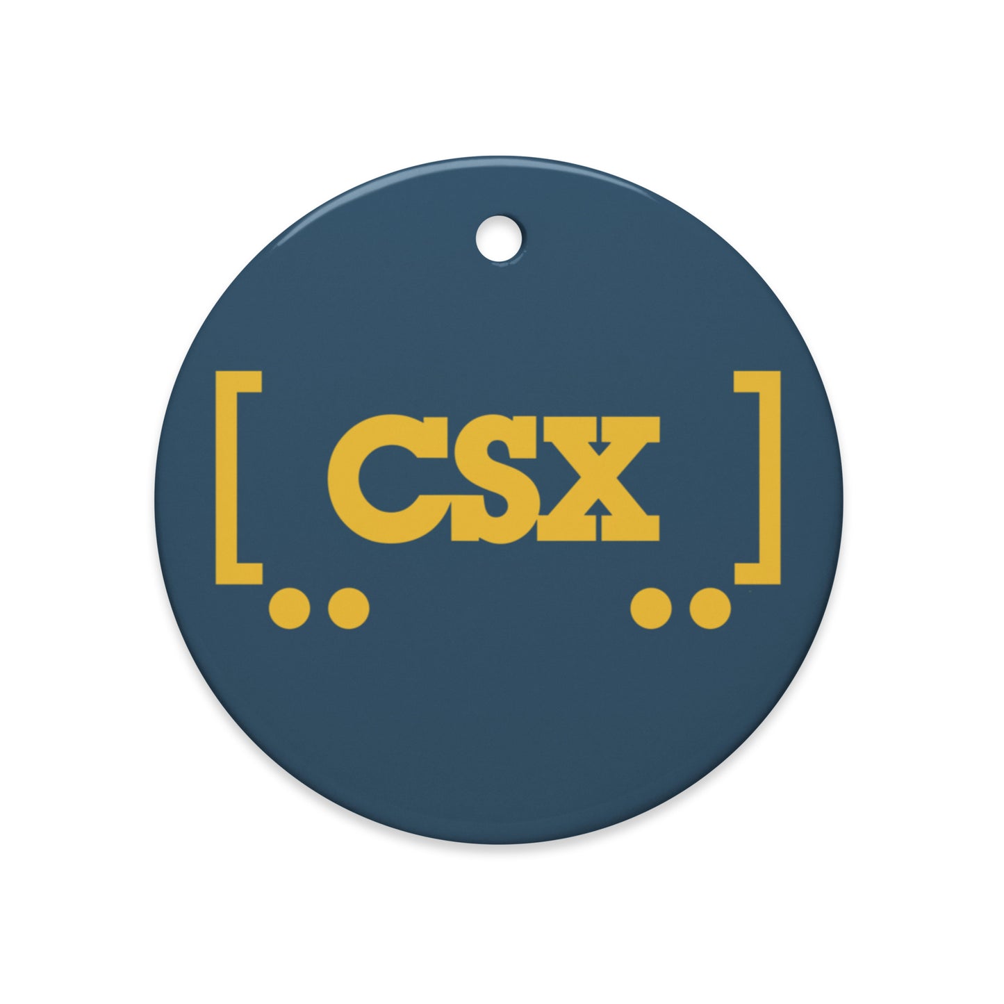 Round blue Ceramic Ornament with yellow 'CSX' text on a white background