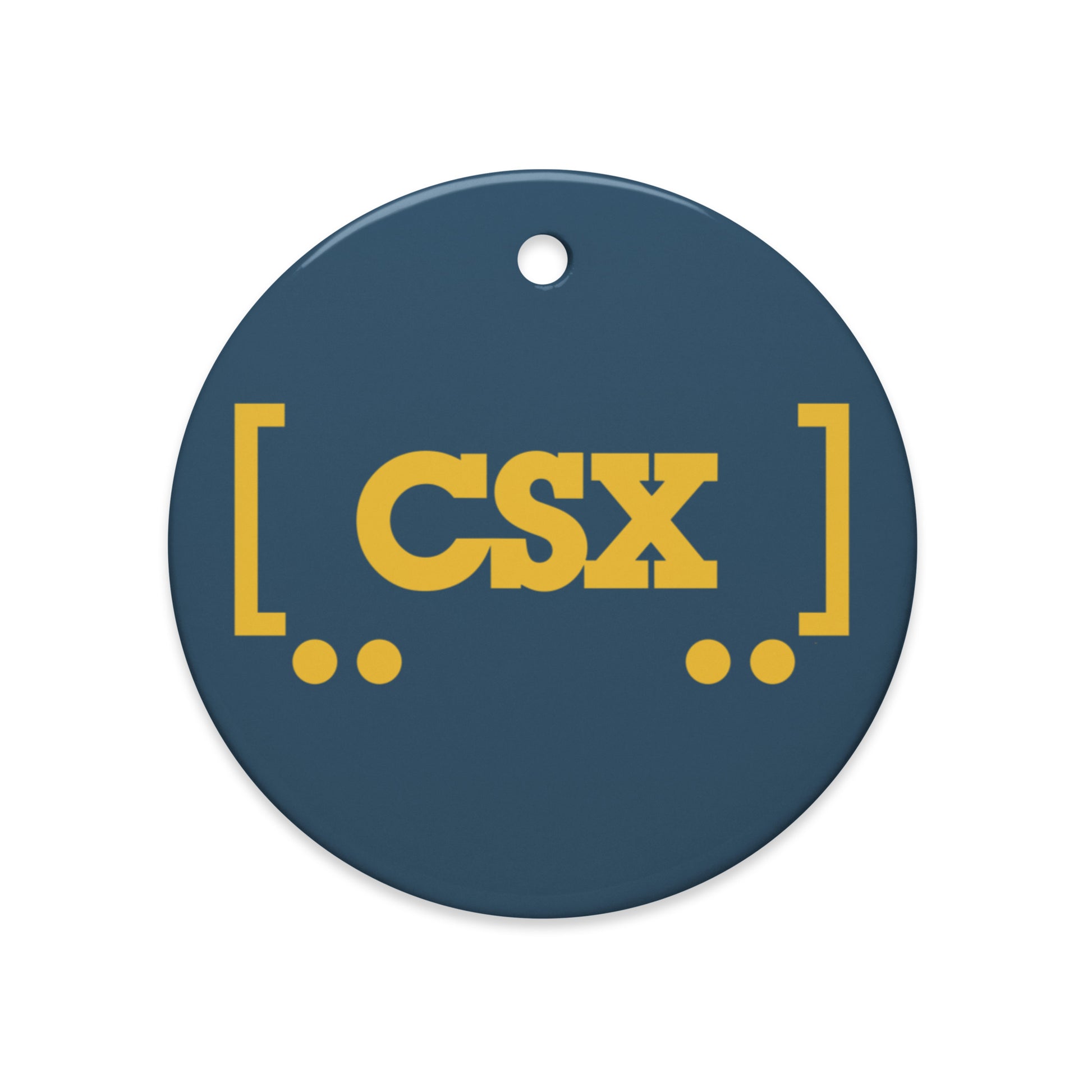 Round blue Ceramic Ornament with yellow 'CSX' text on a white background