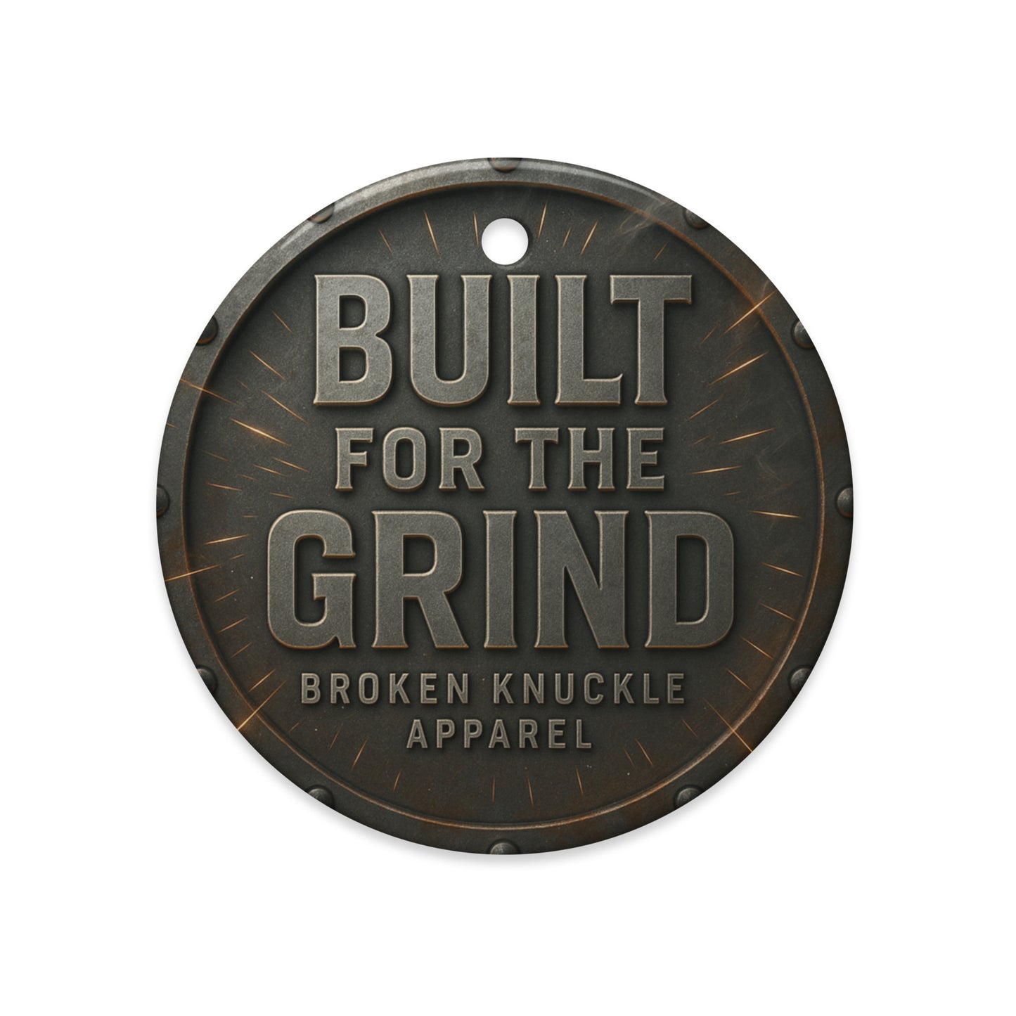 Round Ceramic Ornament with 'Built for the Grind' text and 'Broken Knuckle Apparel' branding on a white background.
