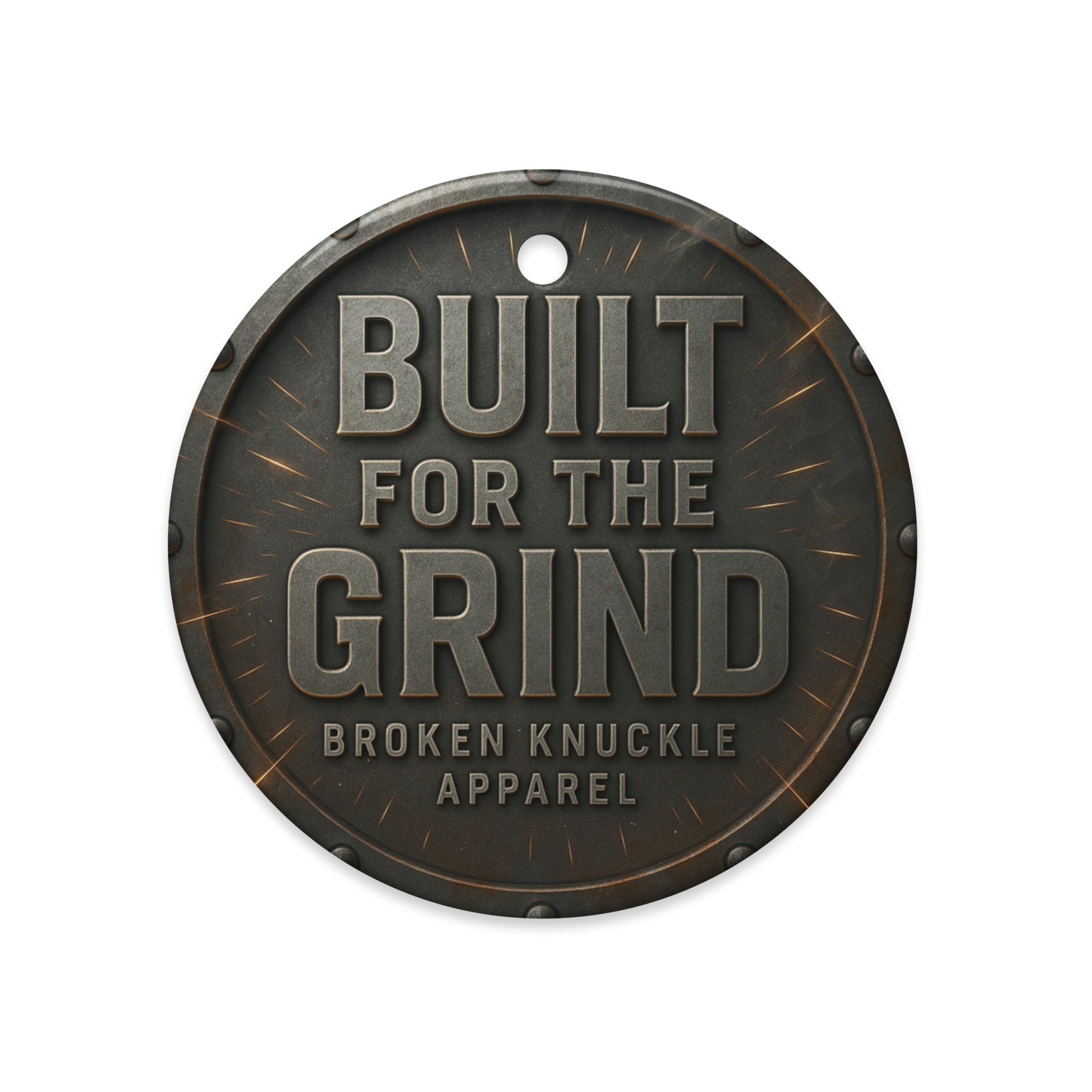 Round Ceramic Ornament with 'Built for the Grind' text and 'Broken Knuckle Apparel' branding on a white background.