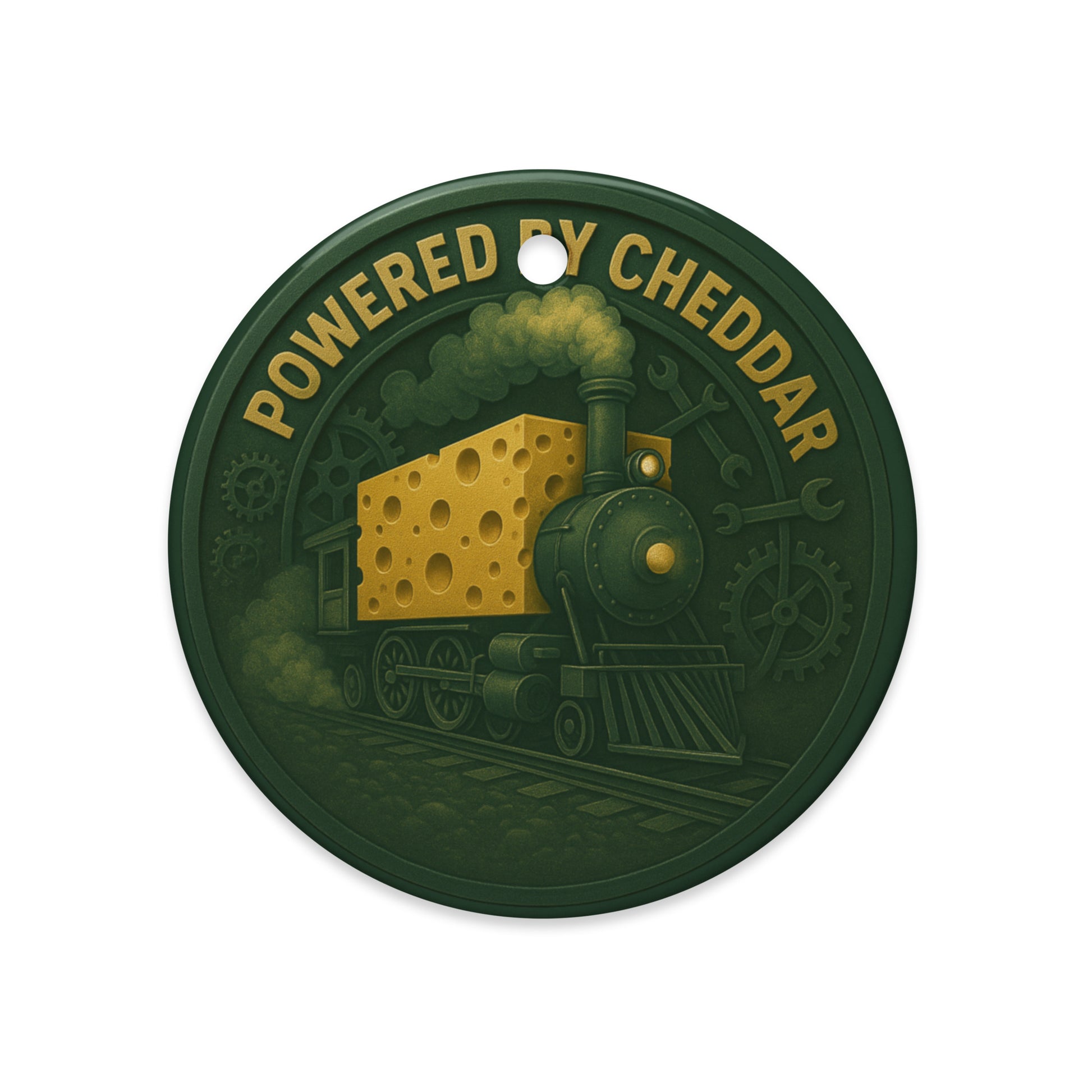 Ceramic Ornament with a cheese train design and 'Powered by Cheddar' text on a white background