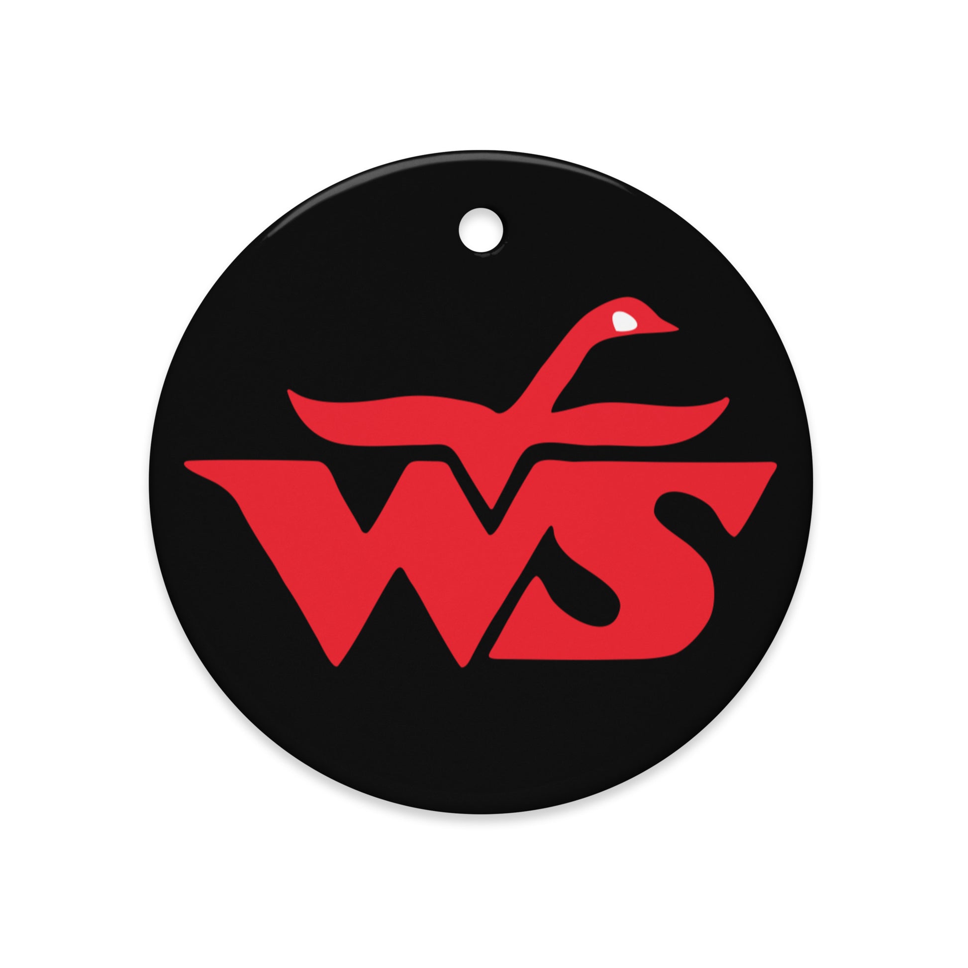 Railroad Ornament with red 'WS' logo on a white background
