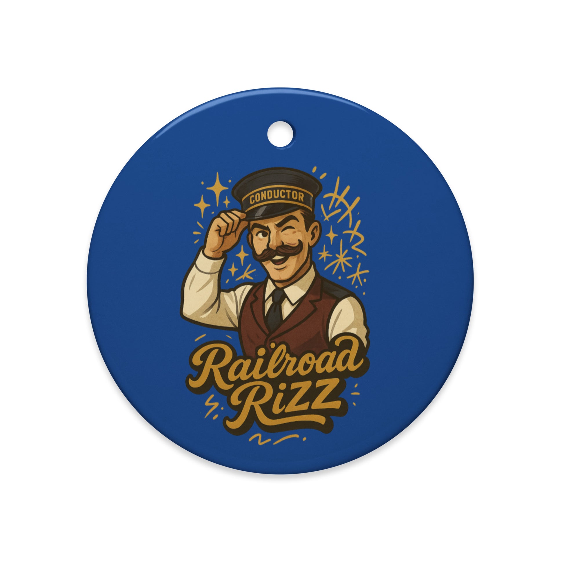Round blue tag with a conductor illustration and 'Railroad Rizz' text on a white background