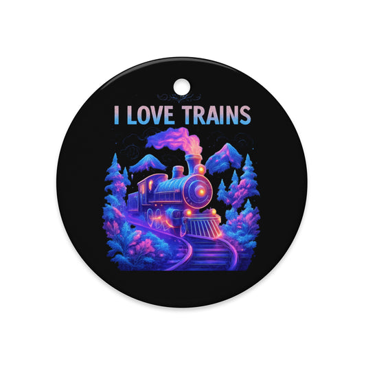 Round black ornament with a colorful train design and 'I Love Trains' text on a white background