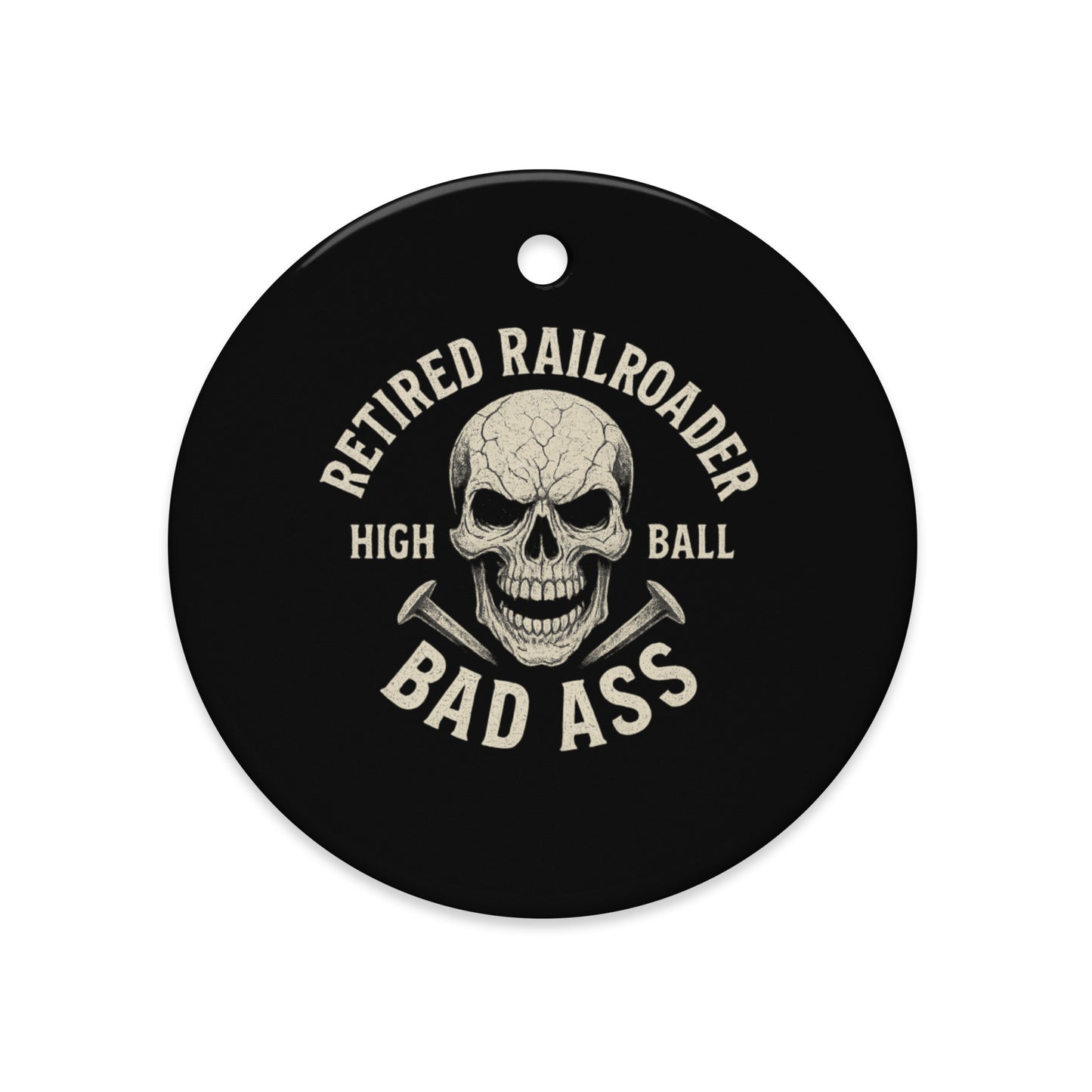 Round black Ceramic Ornament with skull design and text on a white background