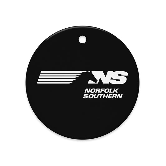 Black round Ceramic Ornament with Norfolk Southern logo on a white background