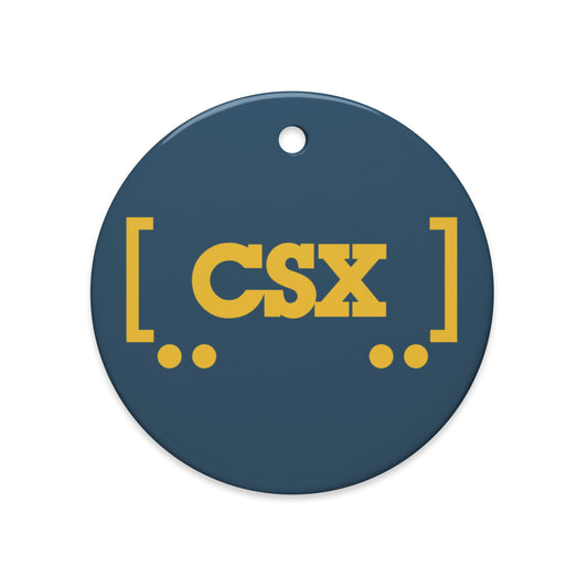 Round blue Ceramic Ornament with yellow 'CSX' text on a white background