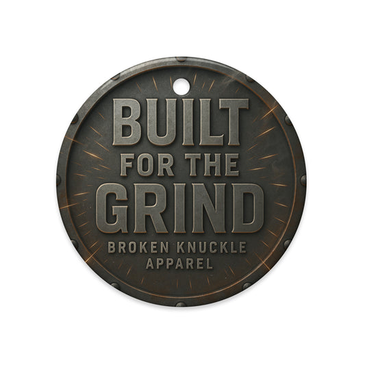 Round Ceramic Ornament with 'Built for the Grind' text and 'Broken Knuckle Apparel' branding on a white background.
