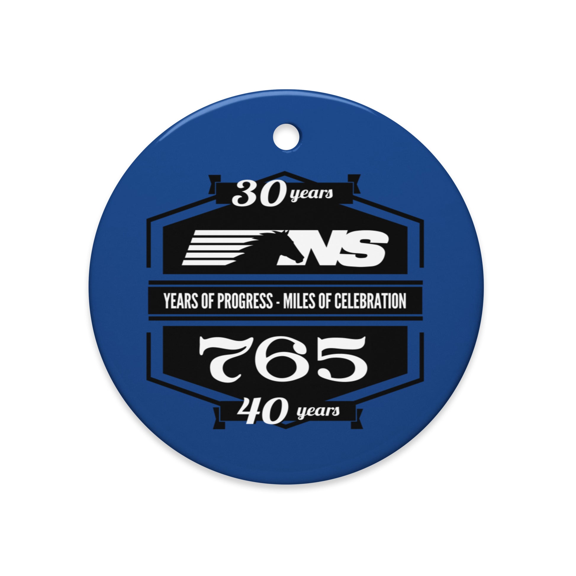 Ceramic Ornament with white text and logo on a white background