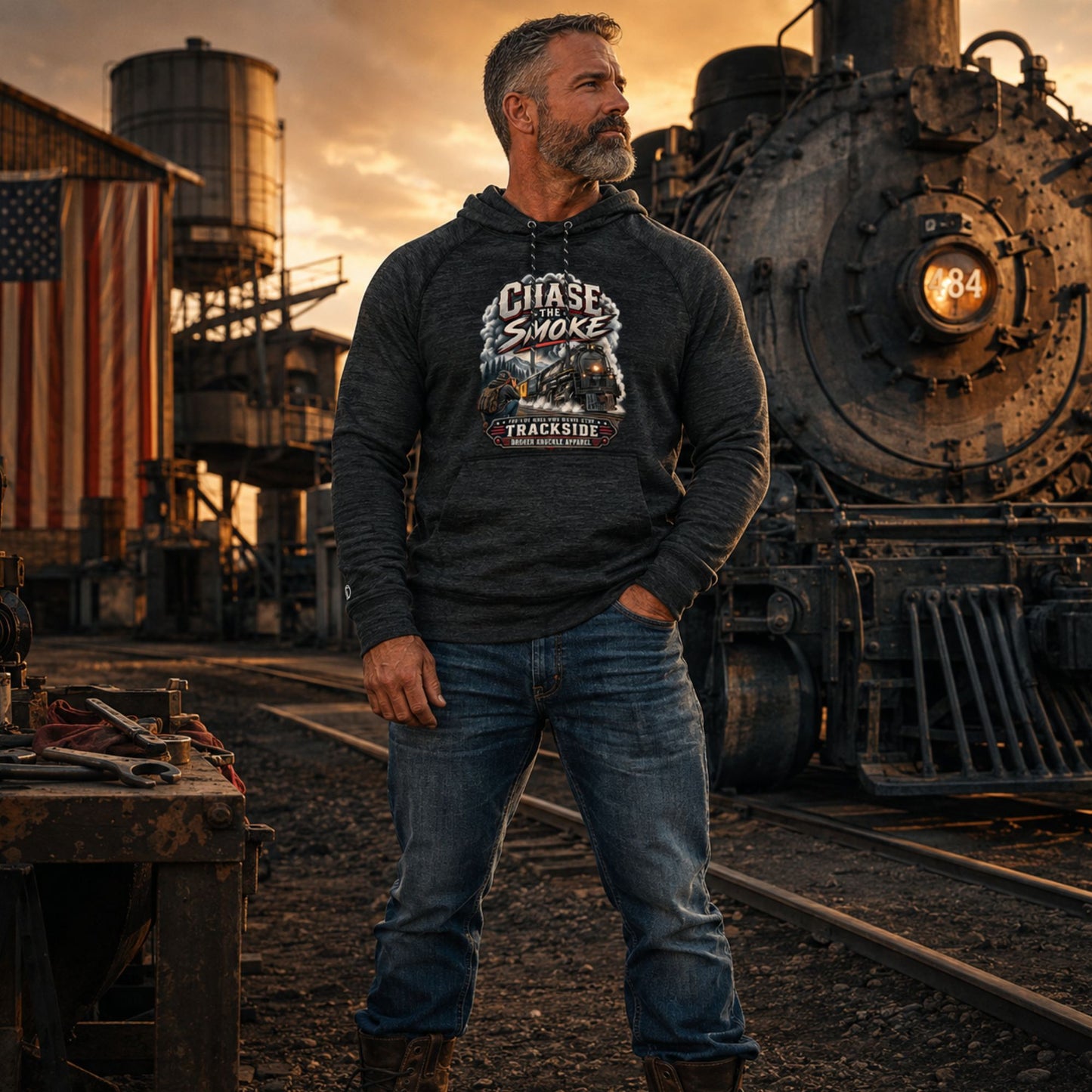 A man wearing a dark charcoal gray graphic hoodie and blue jeans stands on railroad tracks in front of a vintage steam locomotive at sunset. The hoodie features a prominent graphic on the chest with the text 'Chase Smoke Trackside' and a cowboy riding a motorcycle.
