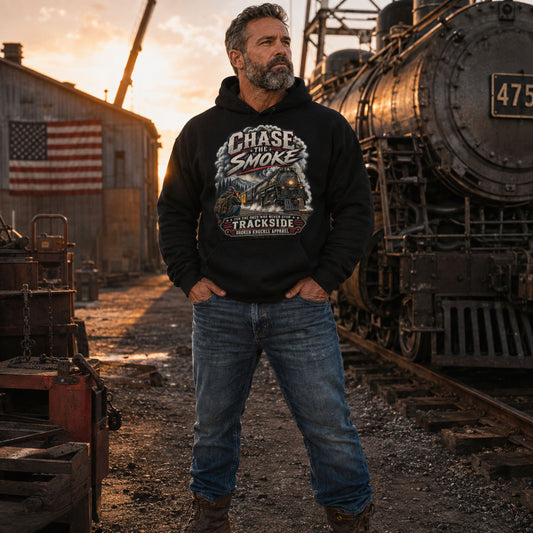 A man wearing a black graphic hoodie with 'Chase Smoke Trackside' printed on the front, standing in a train yard at sunset next to a vintage steam locomotive.