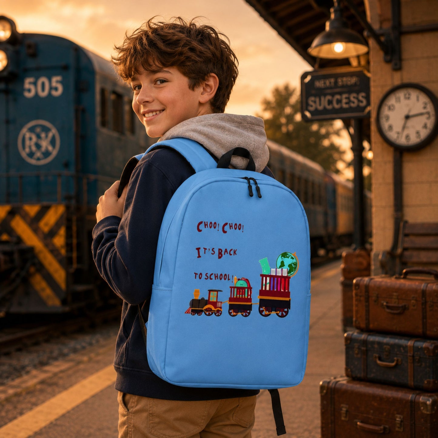 A smiling boy wearing a navy hoodie and khaki pants stands on a train station platform at sunset, carrying a bright blue backpack with a colorful train graphic and the words 'Cute Cute It's Back to School.' A train, platform sign, and vintage suitcases are visible in the background.