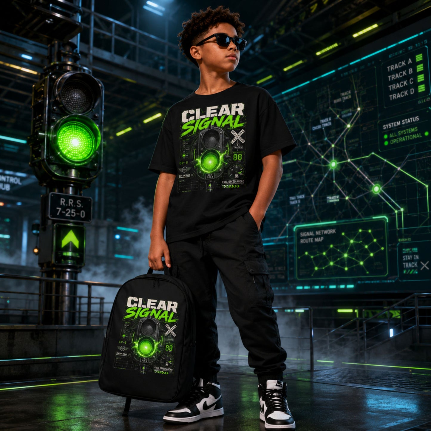 A child model wearing a black graphic t-shirt and black cargo pants stands in a futuristic cyberpunk-style environment, holding a matching black backpack. The t-shirt and backpack feature a 'CLEAR SIGNAL' design with a glowing green speaker graphic and digital interface elements.