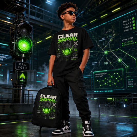 A child model wearing a black graphic t-shirt and black cargo pants stands in a futuristic cyberpunk-style environment, holding a matching black backpack. The t-shirt and backpack feature a 'CLEAR SIGNAL' design with a glowing green speaker graphic and digital interface elements.