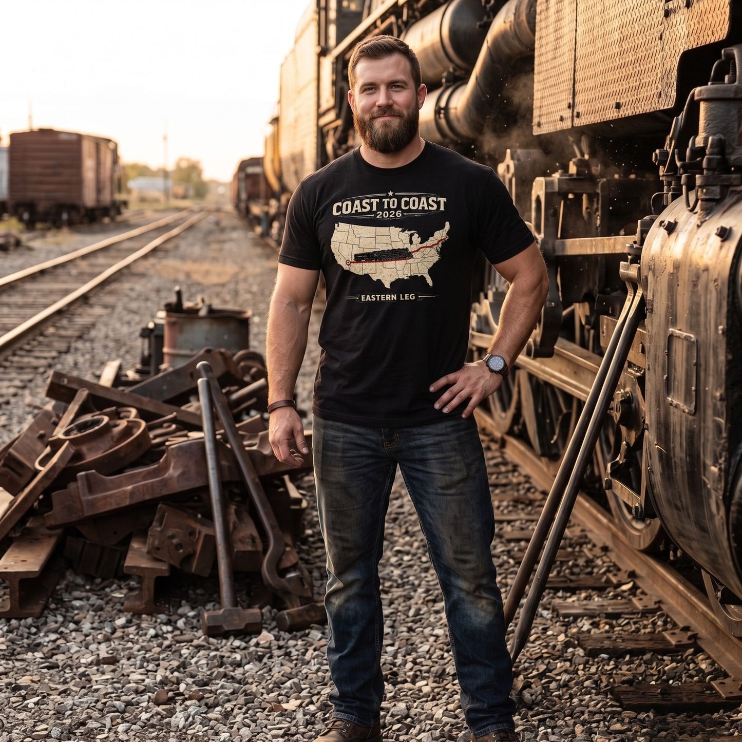 Man standing next to a vintage train on railway tracks
