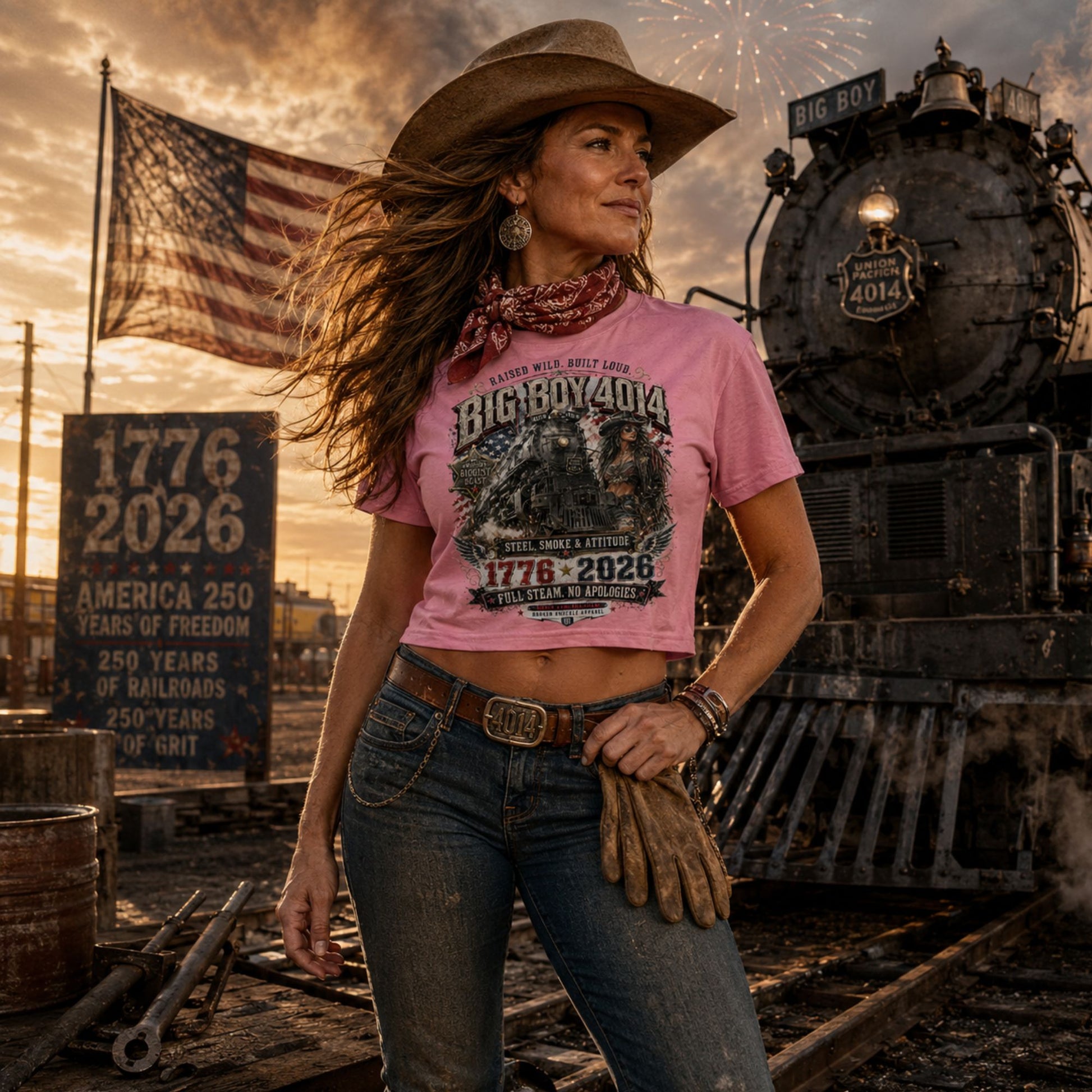 Cowgirl wearing a Pink women's crop top featuring a gritty graphic of the Big Boy 4014 steam locomotive next to a woman in a cowboy hat and leather jacket. The background includes a distressed American flag and eagle wings. Text reads "RAISED WILD. BUILT LOUD.", "BIG BOY 4014", "AMERICA'S BIGGEST BEAST", "STEEL, SMOKE & ATTITUDE", "1776 - 2026", "FULL STEAM. NO APOLOGIES.", and "RODEO RAIL DIVISION".