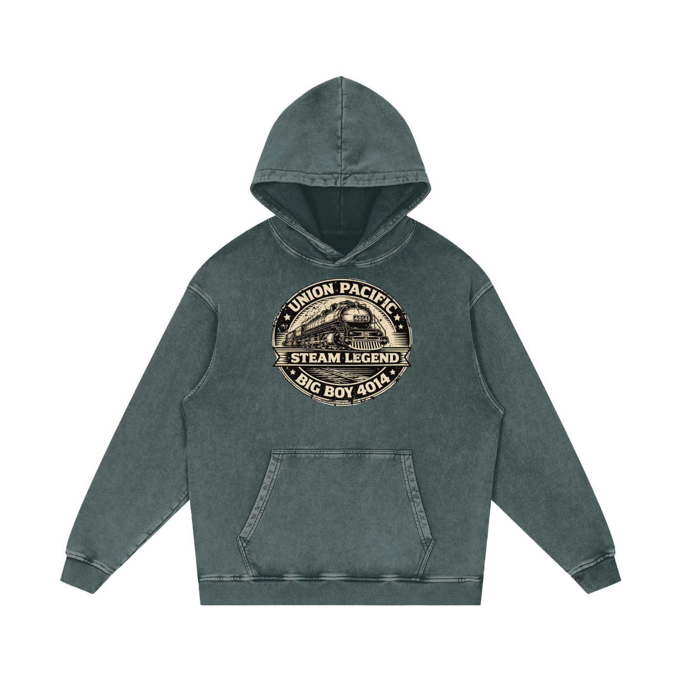 A dark teal-green washed pullover hoodie with a vintage-style circular graphic on the chest reading 'Union Pacific Steam Legend Big Boy 404'.