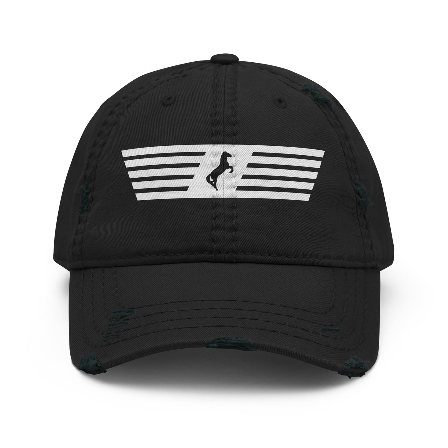 Black cap with a white logo on a white background