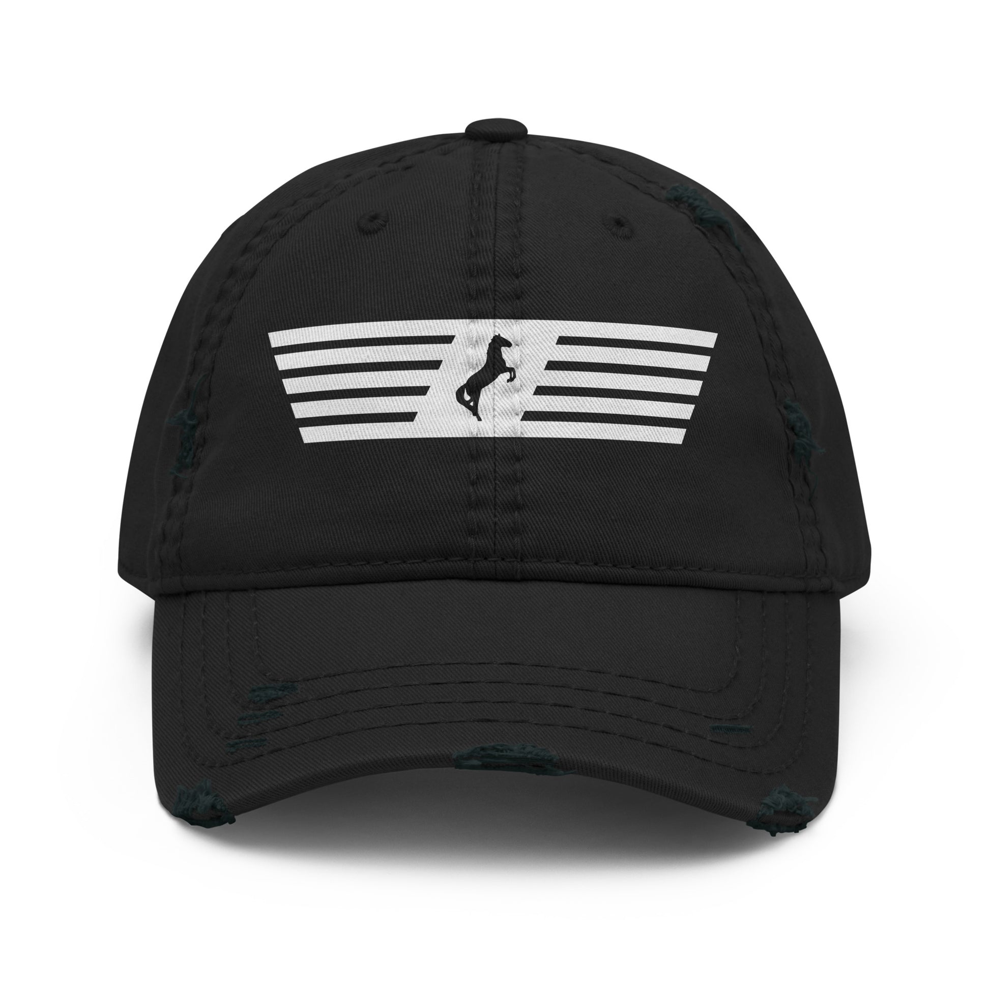 Black cap with a white logo on a white background