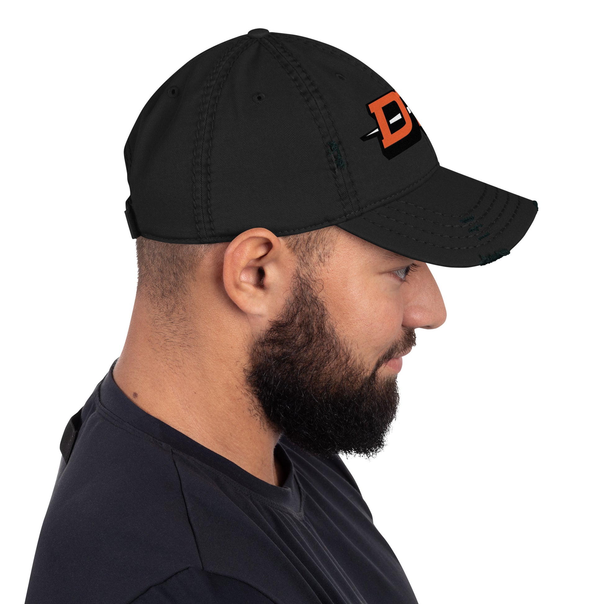 Man wearing a black cap with a logo on a white background