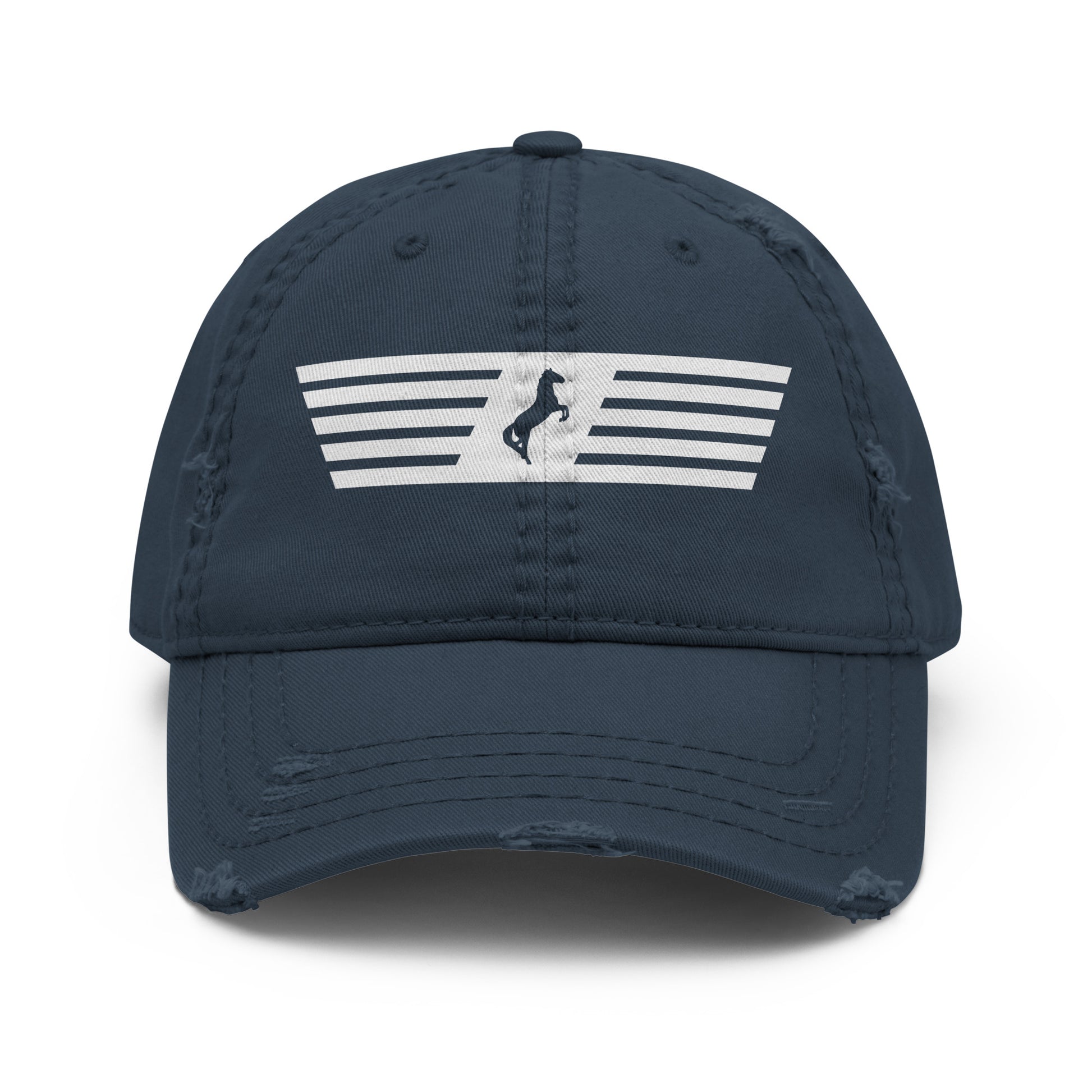 Navy blue cap with a white logo on a white background