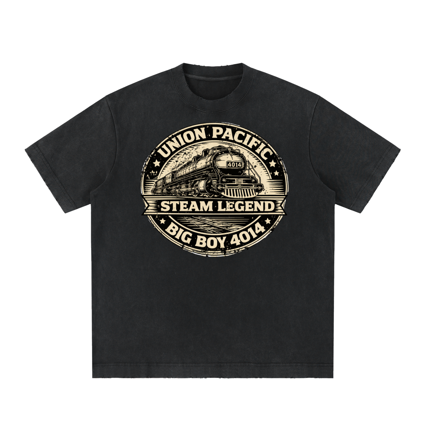 Faded black heavyweight vintage-washed t-shirt featuring a distressed cream-colored circular graphic. The graphic shows an illustration of the Big Boy 4014 steam locomotive in the center. Vintage text around the circle reads "UNION PACIFIC" at the top and "BIG BOY 4014" at the bottom. A banner across the middle reads "STEAM LEGEND".