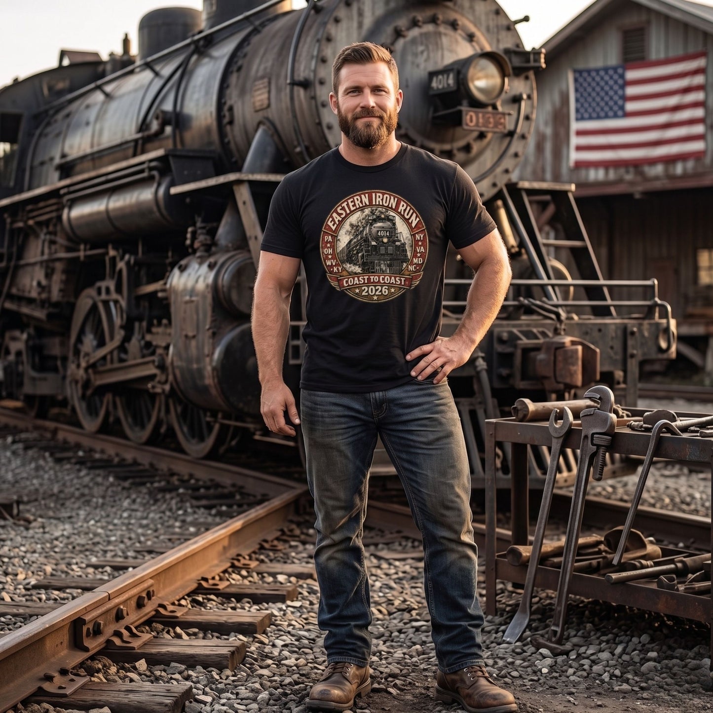 Black t-shirt featuring a vintage graphic of the Union Pacific Big Boy 4014 steam locomotive